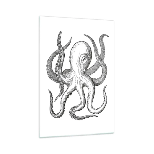 Glasbild - Bild auf glas - Schwarz-weiße Zeichnung eines Oktopus auf weißem Hintergrund im Vintage-Stil - 70x100cm - Mit den Wellen tanzen - Moderne Wanddekoration für Wohnzimmer und Schlafzimmer ARTTOR