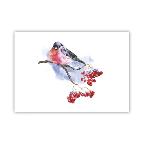 Poster - Vogel auf einem Zweig mit roten Früchten im Aquarellhintergrund - 100x70cm - Winter in Farbe - Moderne Wanddekoration für Wohnzimmer und Schlafzimmer ARTTOR