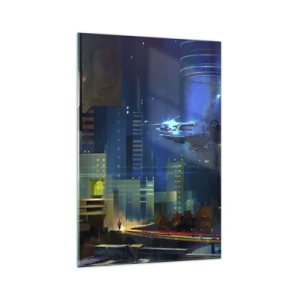 Glasbild - Bild auf glas - Futuristische Stadt bei Nacht mit Neonlichtern und einem fliegenden Fahrzeug - 70x100cm - In naher Zukunft - Moderne Wanddekoration für Wohnzimmer und Schlafzimmer ARTTOR