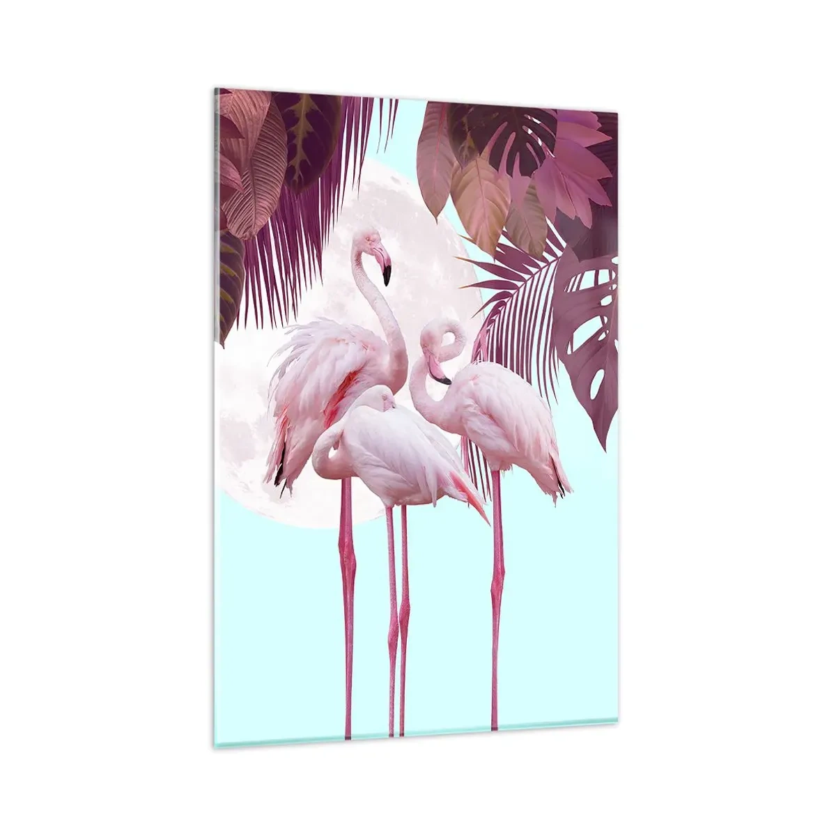 Glasbild - Bild auf glas - Rosa Flamingos vor dem Hintergrund des Mondes und tropischer Blätter - 80x120cm - Drei Vogelgnaden - Moderne Wanddekoration für Wohnzimmer und Schlafzimmer ARTTOR
