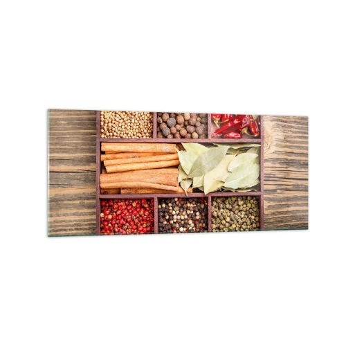 Glasbild - Bild auf glas - Holzkiste mit verschiedenen Gewürzen in Fächern - 120x50cm - Ordnung der Formen, Bouquet von Aromen - Moderne Wanddekoration für Wohnzimmer und Schlafzimmer ARTTOR