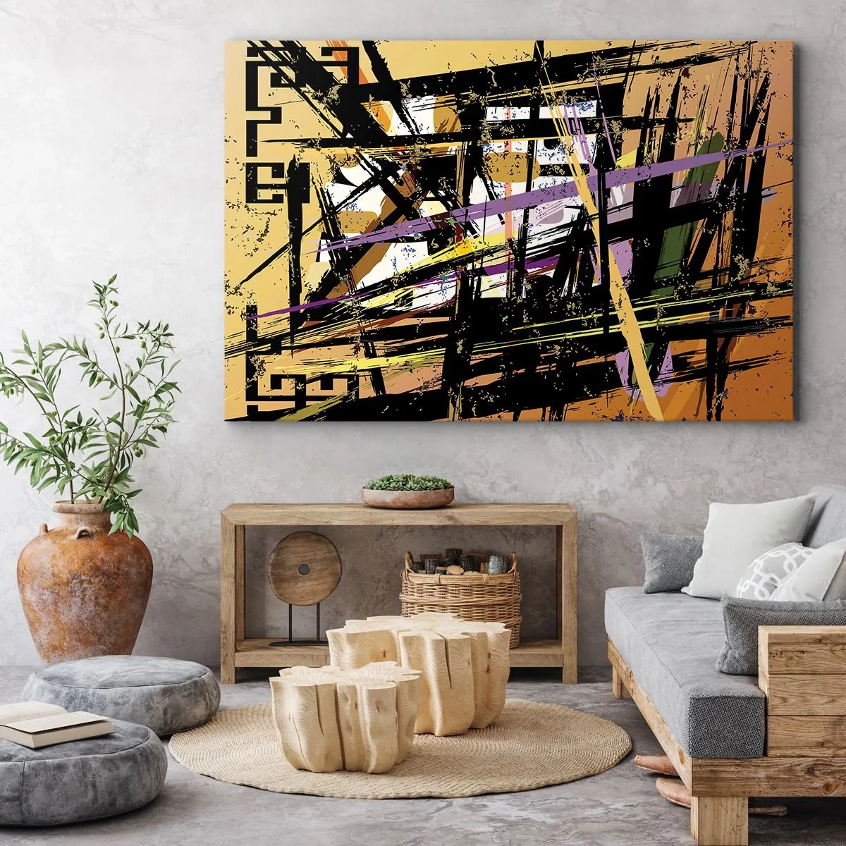 Bild auf Leinwand - Leinwandbild - Abstrakte Linien und Formen auf beigem Hintergrund - 120x80cm - Ein scharfer Schnitt - Moderne Wanddekoration für Wohnzimmer und Schlafzimmer ARTTOR