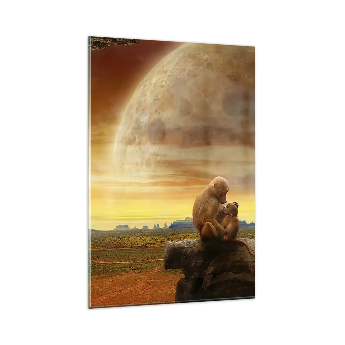 Glasbild - Bild auf glas - Affen sitzen auf einem Felsen in einer surrealen Landschaft mit einem riesigen Planeten - 80x120cm - Die Liebe ist überall gleich - Moderne Wanddekoration für Wohnzimmer und Schlafzimmer ARTTOR
