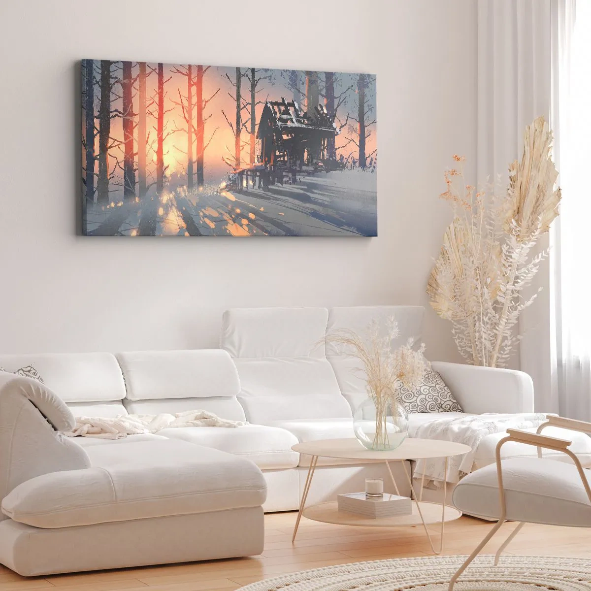 Bild auf Leinwand - Leinwandbild - Ein Waldhäuschen in einer Winterlandschaft mit den Strahlen der untergehenden Sonne - 160x50cm - Hier sieht nur die Sonne rein - Moderne Wanddekoration für Wohnzimmer und Schlafzimmer ARTTOR