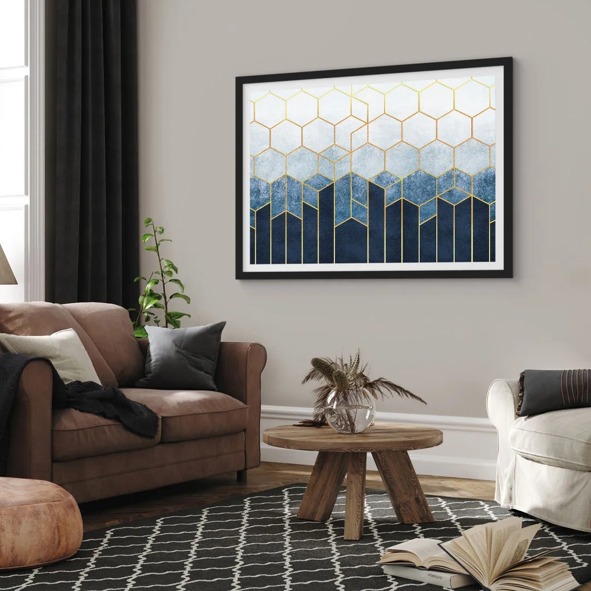 Poster in einem schwarzem Rahmen - Geometrisches Muster in Gold- und Marineblautönen - 70x50cm - Komposition im synkopischen Rhythmus - Moderne Wanddekoration für Wohnzimmer und Schlafzimmer ARTTOR
