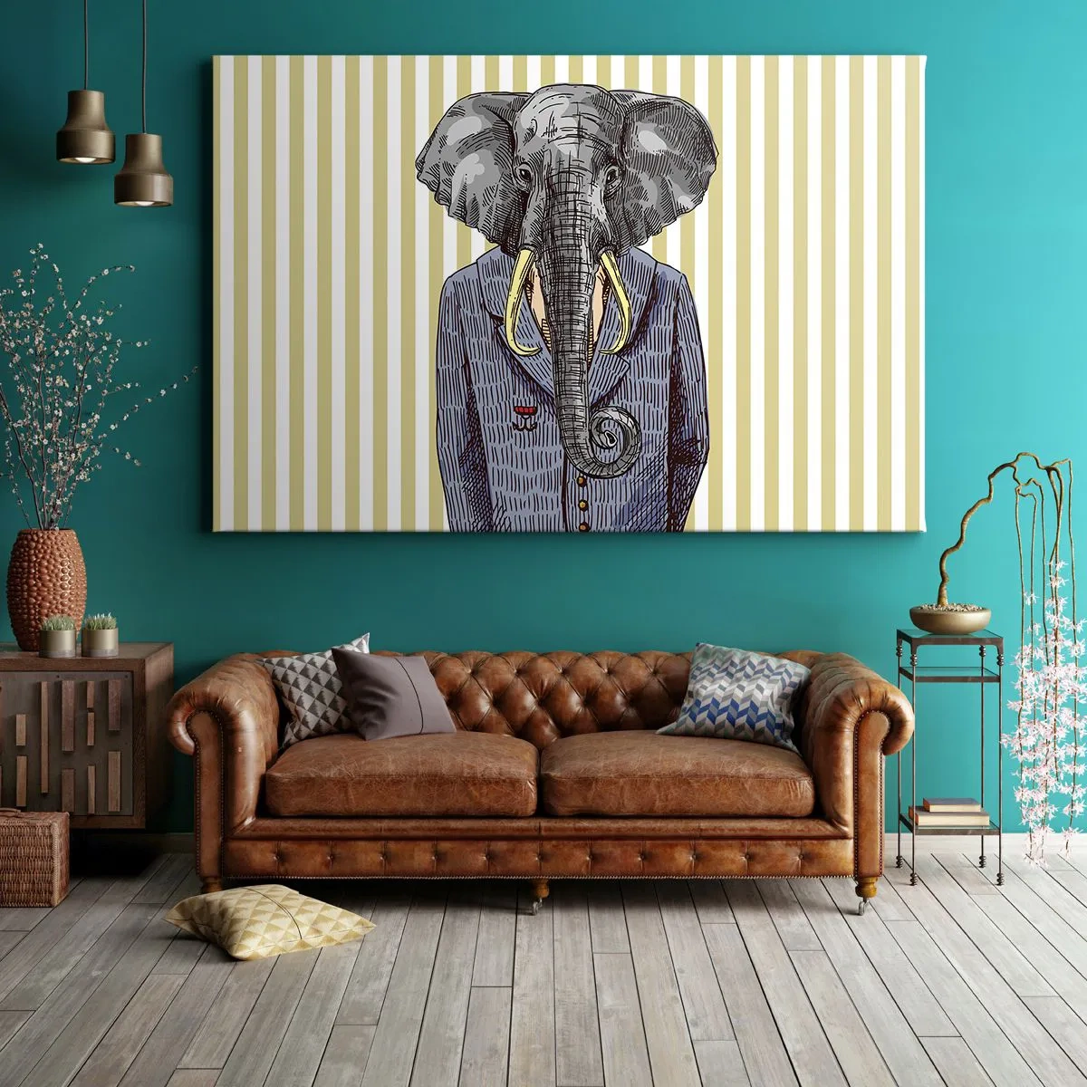 Bild auf Leinwand - Leinwandbild - Ein Elefant im Anzug vor einem Hintergrund aus beigen Streifen - 70x50cm - Von Natur aus elegant - Moderne Wanddekoration für Wohnzimmer und Schlafzimmer ARTTOR
