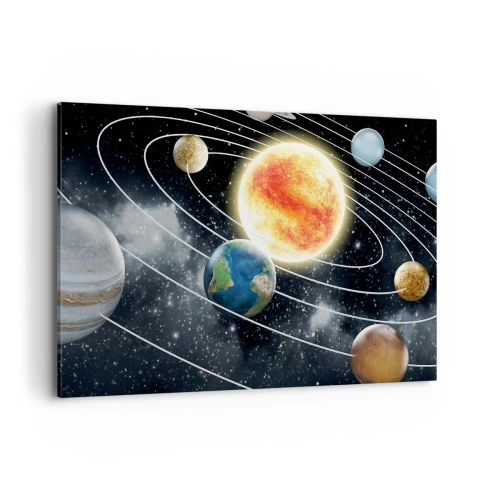 Bild auf Leinwand - Leinwandbild - Sonnensystem mit Planeten und Sonne im Weltraum - 120x80cm - Kosmischer Tanz - Moderne Wanddekoration für Wohnzimmer und Schlafzimmer ARTTOR