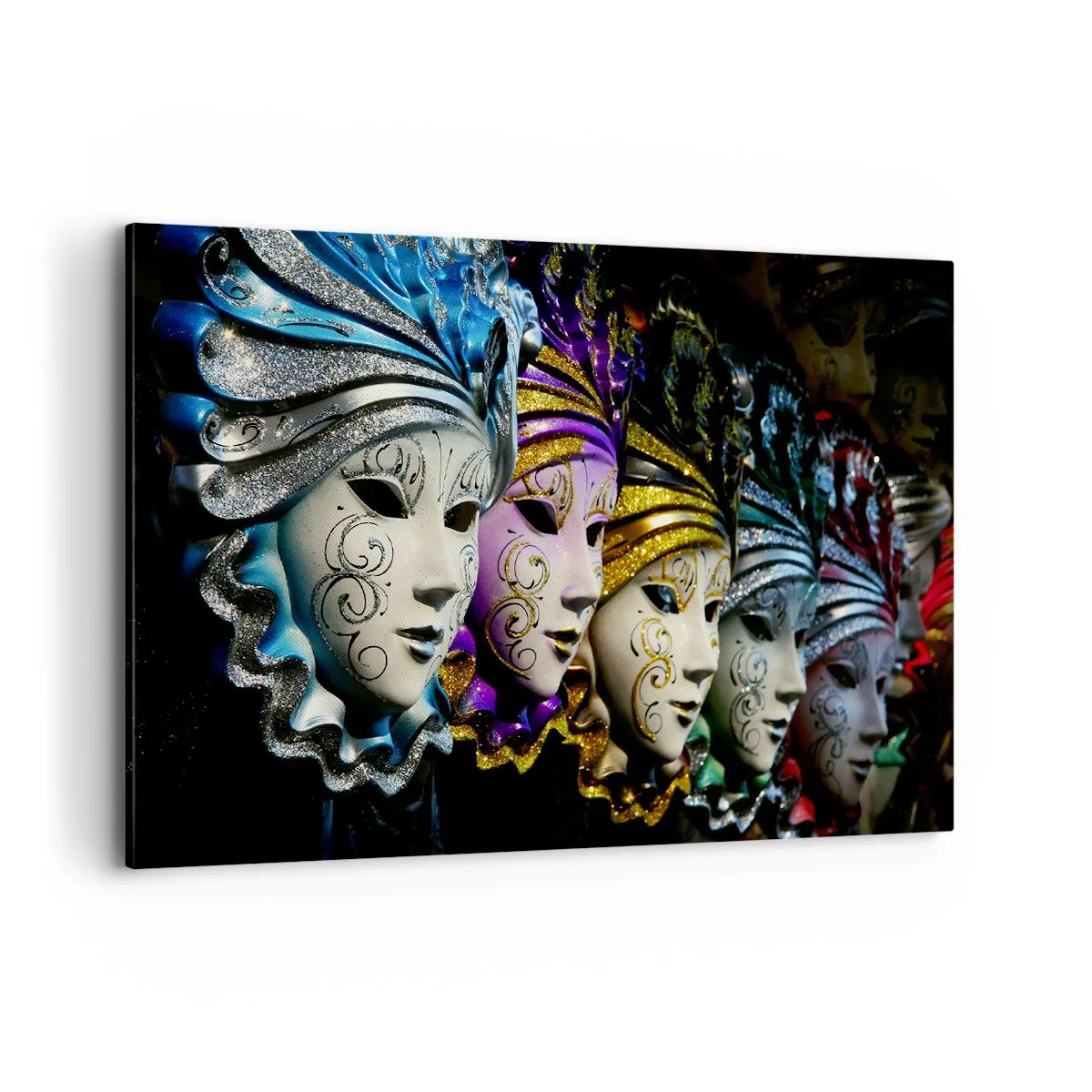 Bild auf Leinwand - Leinwandbild - Venezianische Masken in verschiedenen Farben mit dekorativen Mustern - 120x80cm - Geheimnis in Gold und Silber - Moderne Wanddekoration für Wohnzimmer und Schlafzimmer ARTTOR