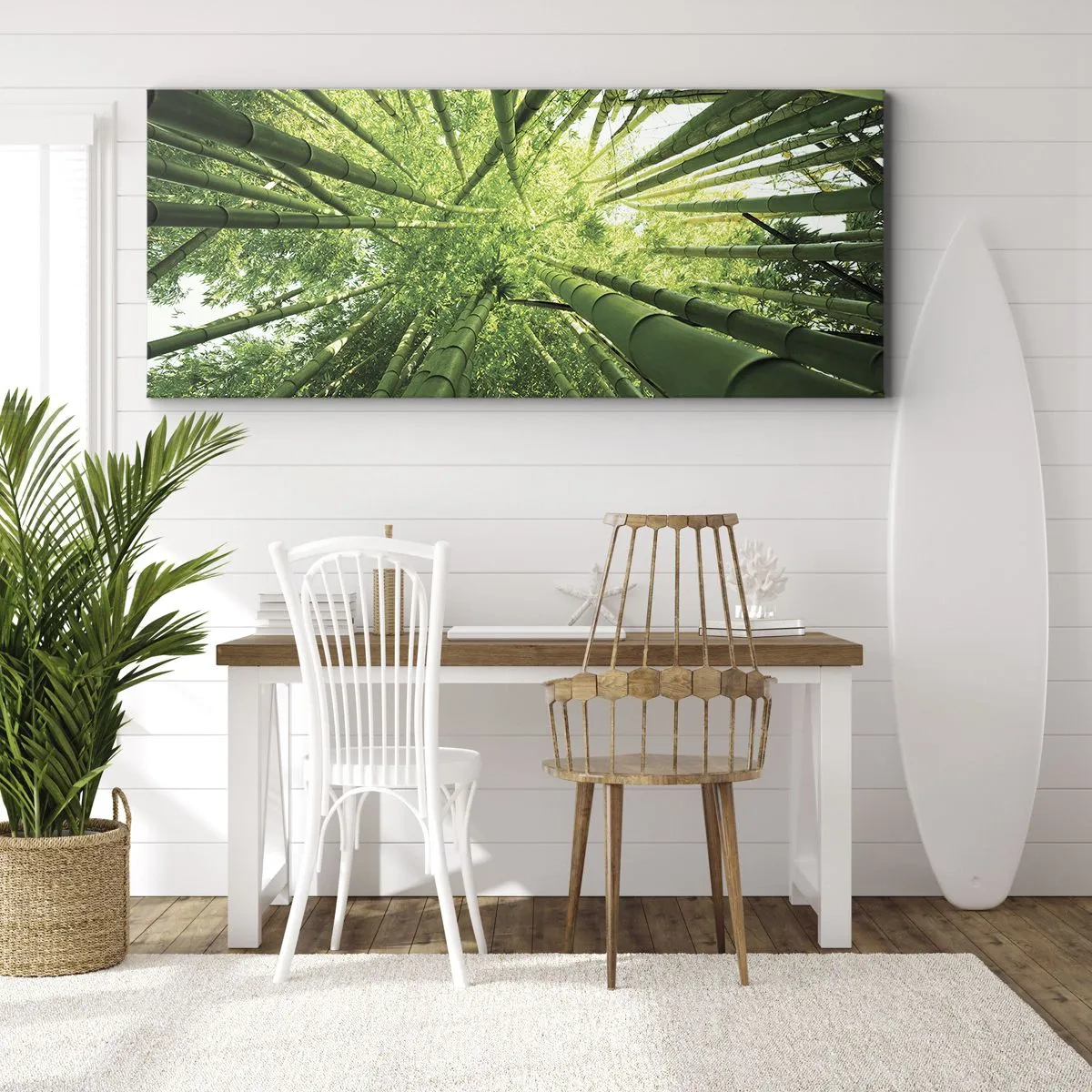 Bild auf Leinwand - Leinwandbild - Blick nach oben durch einen grünen Bambushain - 120x50cm - In einem Bambushain - Moderne Wanddekoration für Wohnzimmer und Schlafzimmer ARTTOR