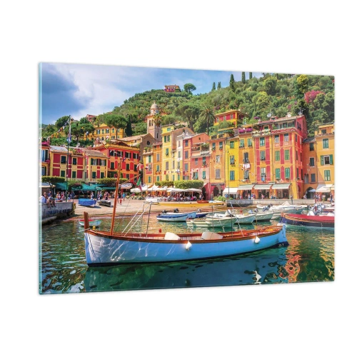 Glasbild - Bild auf glas - Bunte Gebäude am Hafen in einer malerischen Stadt - 120x80cm - Italienischer Morgen - Moderne Wanddekoration für Wohnzimmer und Schlafzimmer ARTTOR