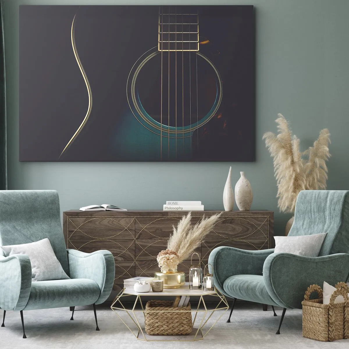 Bild auf Leinwand - Leinwandbild - Akustikgitarre in dunklem, elegantem Licht - 120x80cm - Einen Moment bevor es ertönt - Moderne Wanddekoration für Wohnzimmer und Schlafzimmer ARTTOR