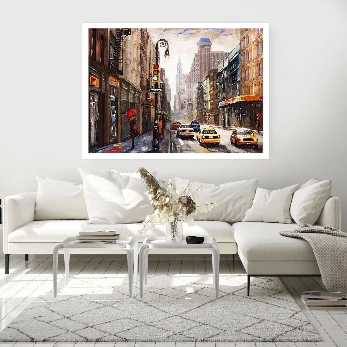 Poster - Stadtbild mit einer Straße und gelben Taxis - 100x70cm - New York - auch im Regen bunt - Moderne Wanddekoration für Wohnzimmer und Schlafzimmer ARTTOR