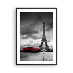 Poster in einem schwarzem Rahmen - Ein rotes Auto vor dem Eiffelturm in Schwarz und Weiß - 50x70cm - Vor nicht allzu langer Zeit in Paris - Moderne Wanddekoration für Wohnzimmer und Schlafzimmer ARTTOR