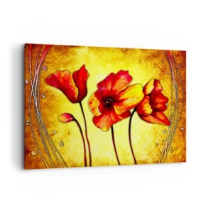Bild auf Leinwand - Leinwandbild - Rote und gelbe Blumen auf goldenem Hintergrund mit dekorativen Mustern - 100x70cm - In Jugendstil-Dekorationen - Moderne Wanddekoration für Wohnzimmer und Schlafzimmer ARTTOR