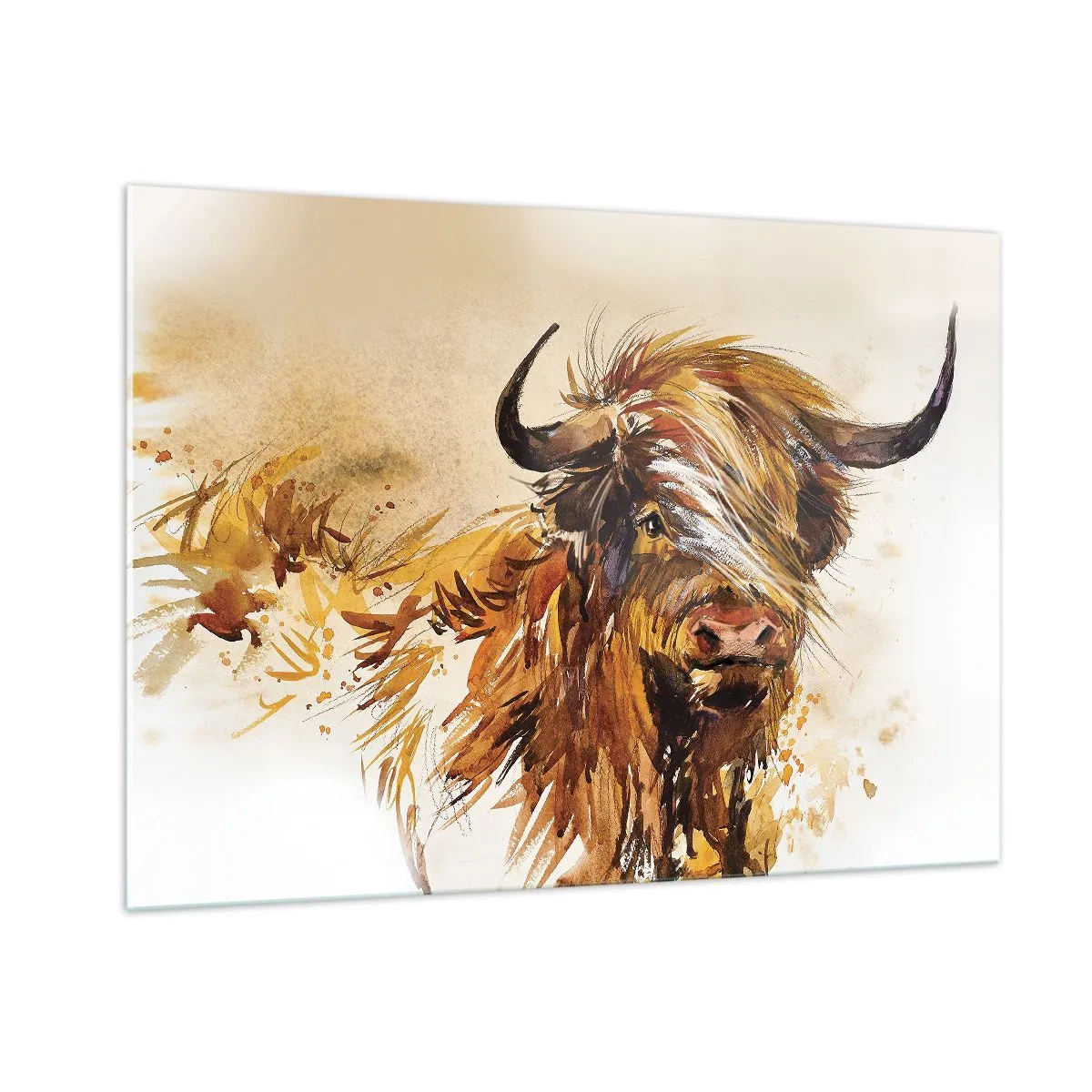 Glasbild - Bild auf glas - Aquarell-Illustration eines langhaarigen schottischen Bullen - 100x70cm - Stolz des Jägers - Moderne Wanddekoration für Wohnzimmer und Schlafzimmer ARTTOR