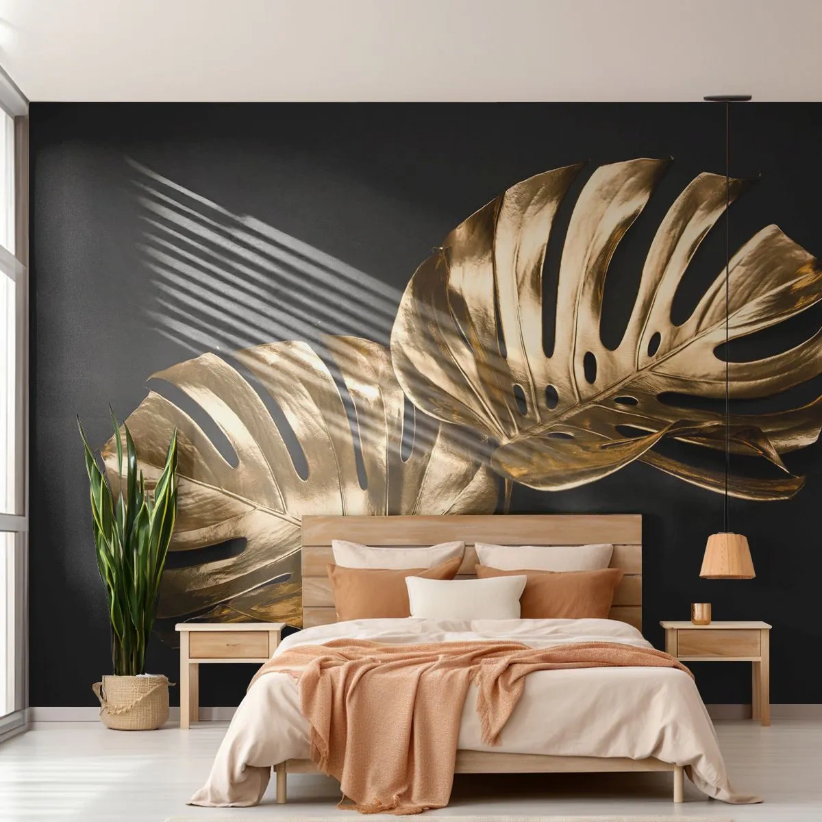 Fototapete Premium Sand - Die Schätze der Natur - Abstraktion, Goldene Blätter, Monstera-Blatt - 500x350 cm