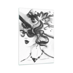 Glasbild - Bild auf glas - Elegante Frau mit Hut im Schwarz-Weiß-Stil - 70x100cm - Eine Dame mit Charakter - Moderne Wanddekoration für Wohnzimmer und Schlafzimmer ARTTOR
