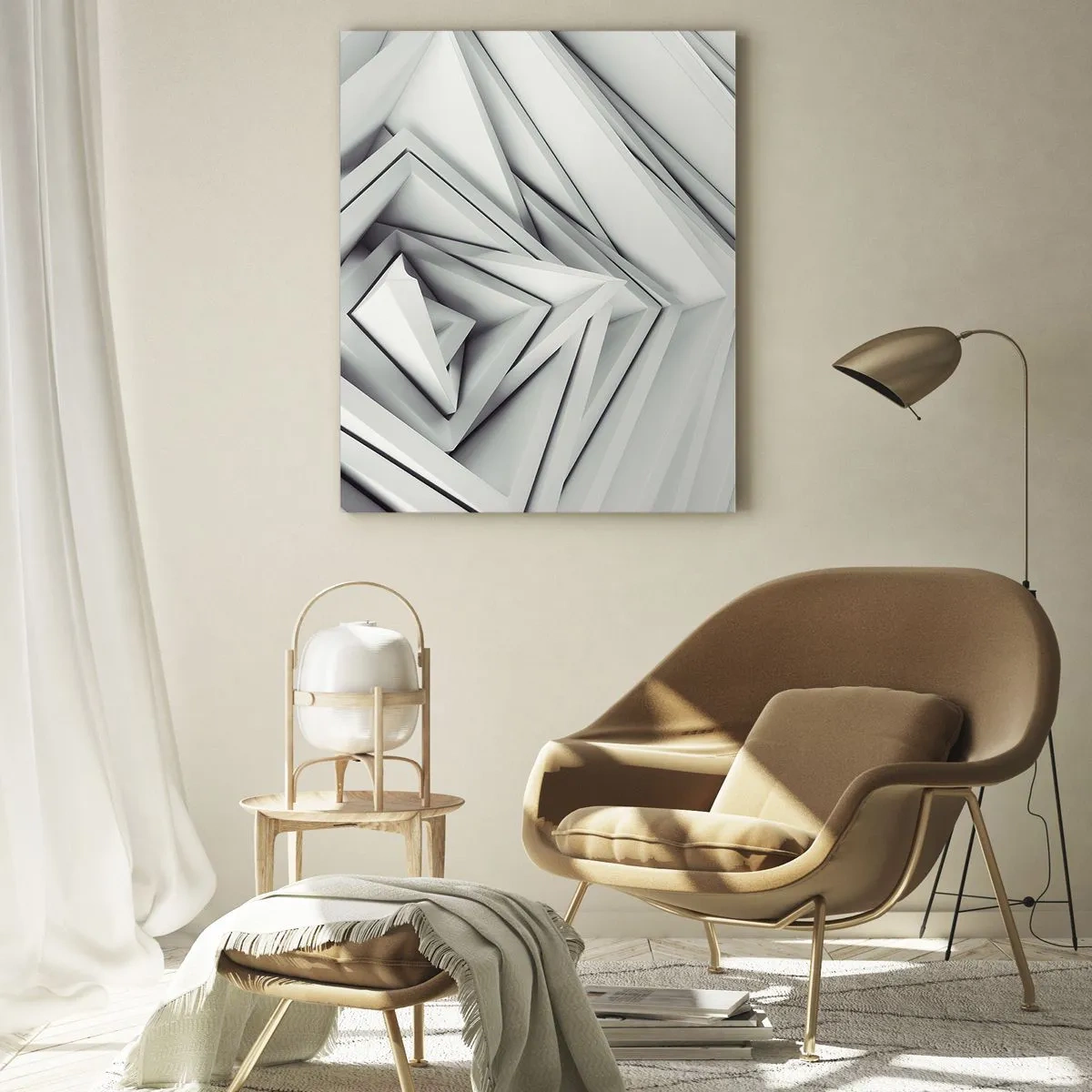 Glasbild - Bild auf glas - Dreidimensionale geometrische Formen in Grautönen - 50x70cm - Spitzwinklige Knospen - Moderne Wanddekoration für Wohnzimmer und Schlafzimmer ARTTOR