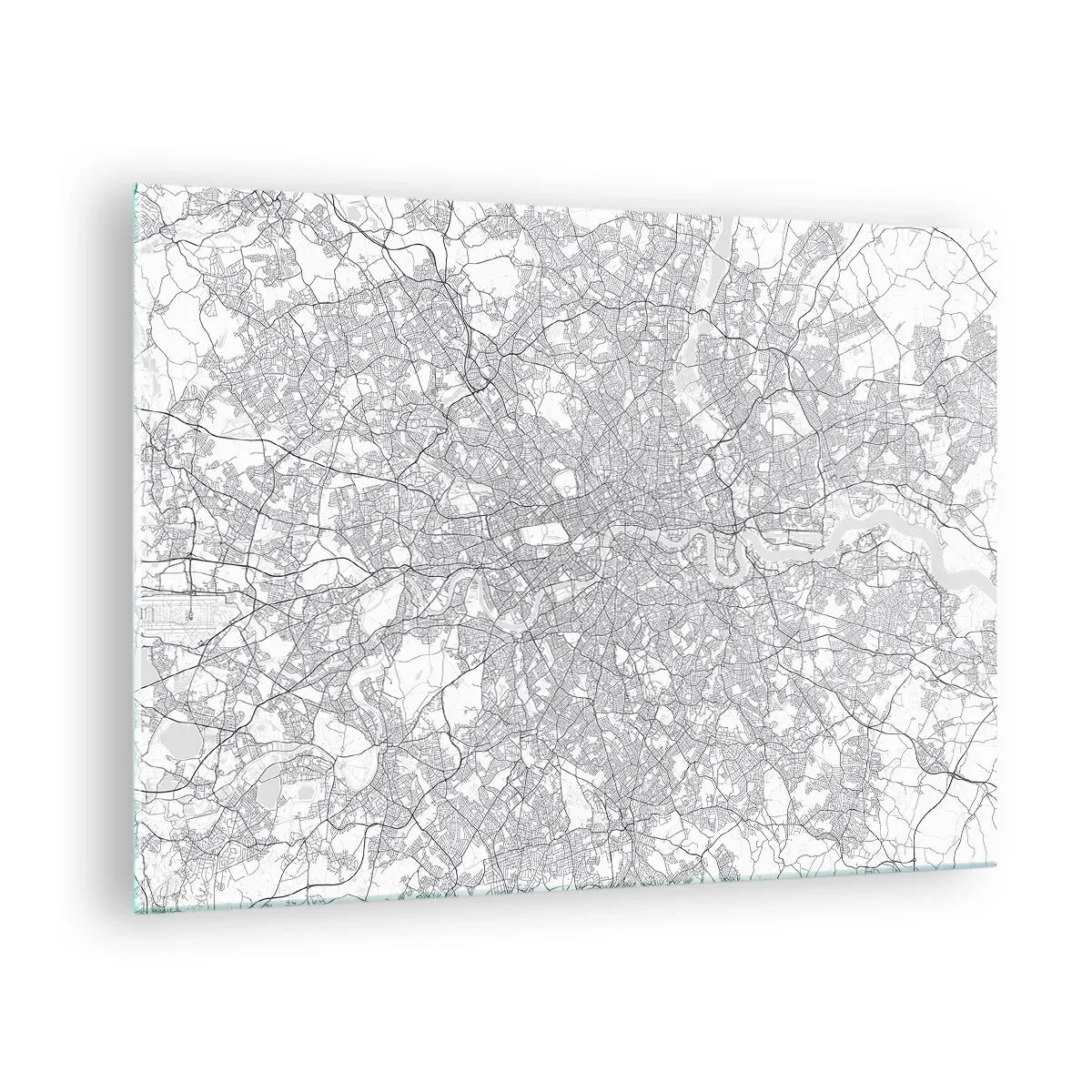 Glasbild - Bild auf glas - Eine schwarz-weiße Karte mit einem dichten Straßenraster im minimalistischen Stil. - 70x50cm - Karte des Labyrinths von London - Moderne Wanddekoration für Wohnzimmer und Schlafzimmer ARTTOR