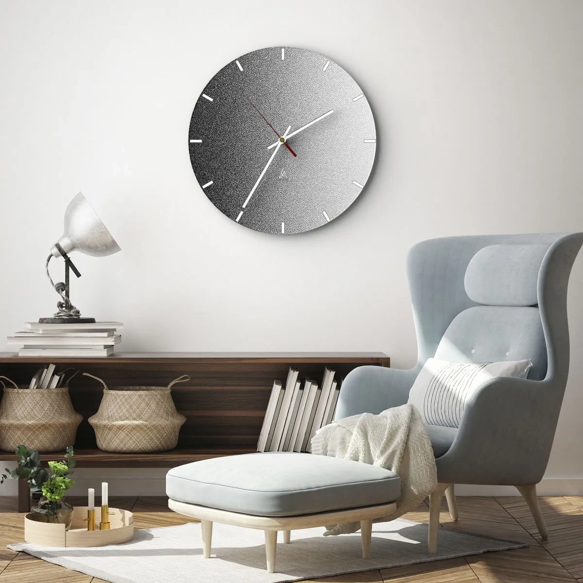 Wanduhr - Glasuhr - Ein Schwarz-Weiß-Farbverlauf aus dichten Punkten, die ins Licht übergehen. - 30x30cm - Dem Licht entgegen - Moderne Wanddekoration für Wohnzimmer, Küche und Schlafzimmer ARTTOR