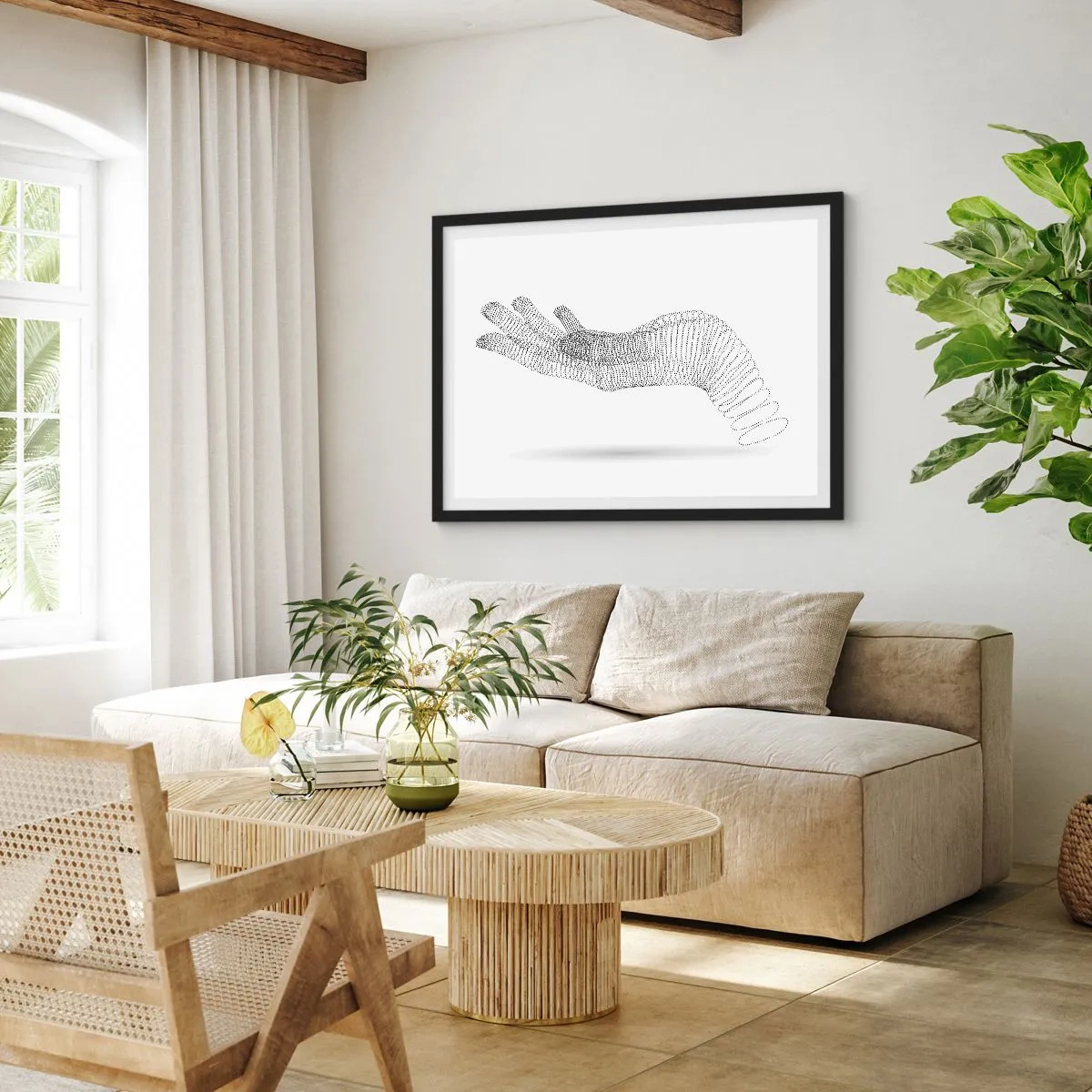 Poster in einem schwarzem Rahmen - Eine minimalistische Illustration einer Hand aus schwarzen Punkten auf weißem Hintergrund. - 100x70cm - Federnde Hand - Moderne Wanddekoration für Wohnzimmer und Schlafzimmer ARTTOR
