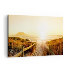 Bild auf Leinwand - Leinwandbild - Weg zum Strand bei goldenem Sonnenuntergang - 120x80cm - Über die Düne, der Sonne entgegen - Moderne Wanddekoration für Wohnzimmer und Schlafzimmer ARTTOR