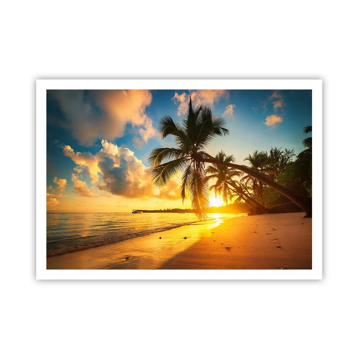 Poster - Sonnenuntergang am Strand mit Palmen an der Küste - 100x70cm - Karibischer Traum - Moderne Wanddekoration für Wohnzimmer und Schlafzimmer ARTTOR