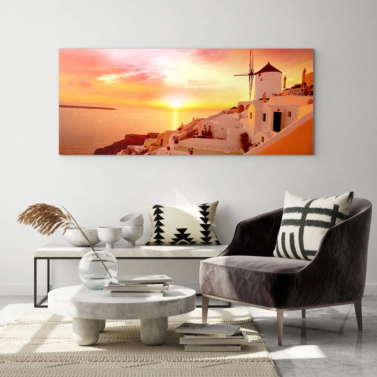 Glasbild - Bild auf glas - Santorini bei Sonnenuntergang mit einer Windmühle - 140x50cm - In Weiß und Gold schmelzen - Moderne Wanddekoration für Wohnzimmer und Schlafzimmer ARTTOR