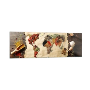 Glasbild - Bild auf glas - Eine Weltkarte aus Gewürzen auf einem hölzernen Hintergrund. - 160x50cm - Alle Aromen der Welt - Moderne Wanddekoration für Wohnzimmer und Schlafzimmer ARTTOR