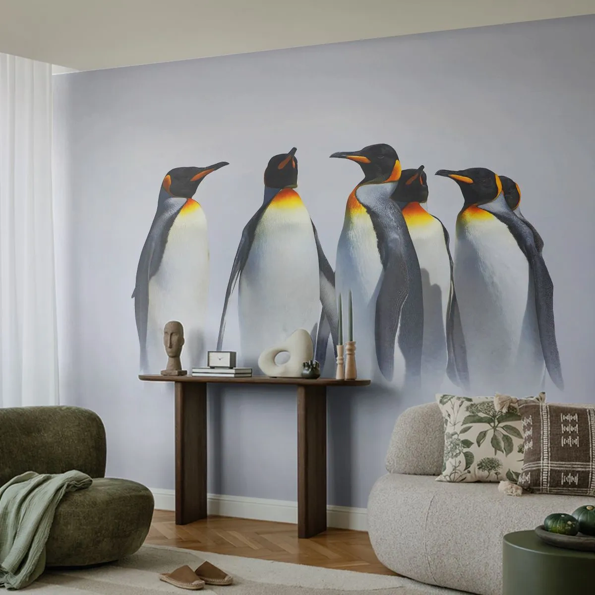 Fototapete Premium Sand - Eine Gruppe Königspinguine vor einem verschneiten Hintergrund - 100x70cm - Treffen in Abendkleidern - Moderne Wanddekoration für Wohnzimmer und Schlafzimmer ARTTOR