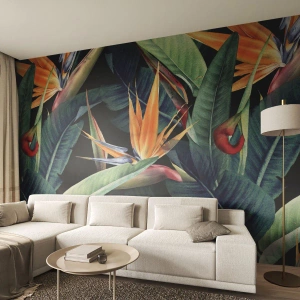 Fototapete Premium Sand - Exotische Blüten und Blätter in intensiven Farben - 100x70cm - Flammende Blumen der Tropen - Moderne Wanddekoration für Wohnzimmer und Schlafzimmer ARTTOR