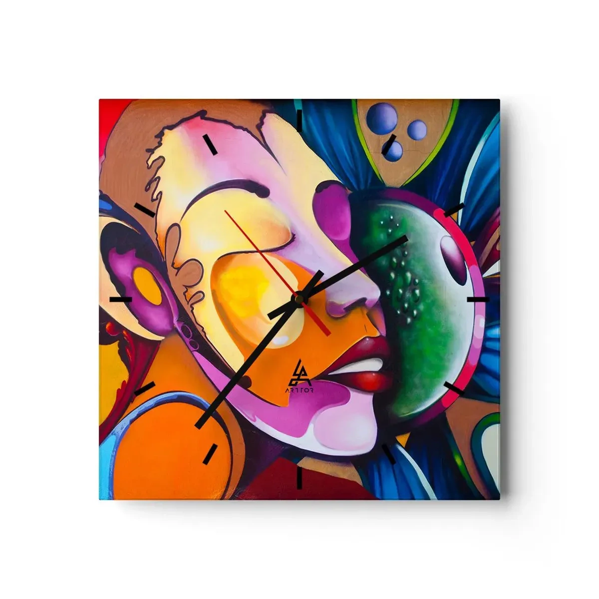 Wanduhr - Glasuhr - Eine farbenfrohe Abstraktion mit einem Gesichtsmotiv in einer dynamischen Komposition - 30x30cm - Mit Farbe berühren - Moderne Wanddekoration für Wohnzimmer und Schlafzimmer ARTTOR