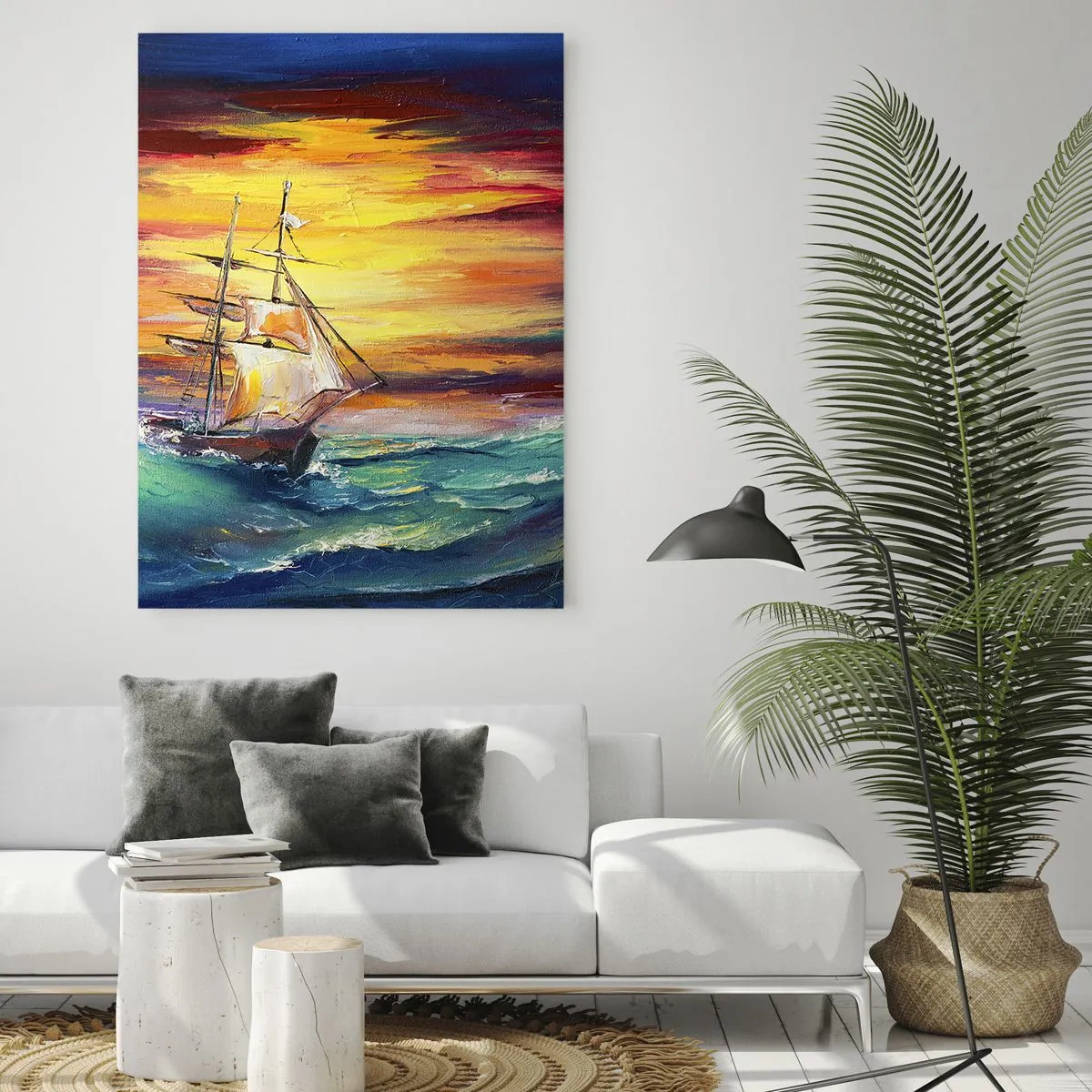 Glasbild - Bild auf glas - Ein Schiff auf stürmischer See bei Sonnenuntergang - 50x70cm - Tapfer unter den Wellen - Moderne Wanddekoration für Wohnzimmer und Schlafzimmer ARTTOR