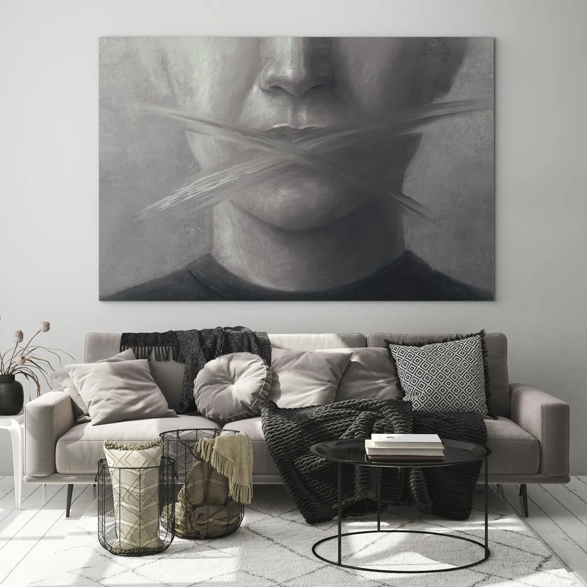 Glasbild - Bild auf glas - Porträt einer Person mit verschmierten Lippen in Grautönen - 70x50cm - Ohne ein Wort - Moderne Wanddekoration für Wohnzimmer und Schlafzimmer ARTTOR