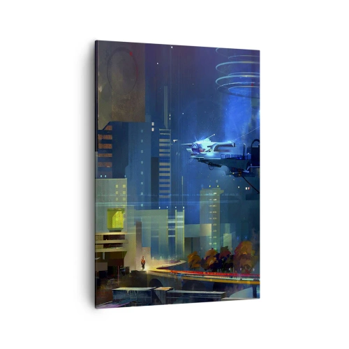 Bild auf Leinwand - Leinwandbild - Futuristische Stadt bei Nacht mit Neonlichtern und einem fliegenden Fahrzeug - 70x100cm - In naher Zukunft - Moderne Wanddekoration für Wohnzimmer und Schlafzimmer ARTTOR
