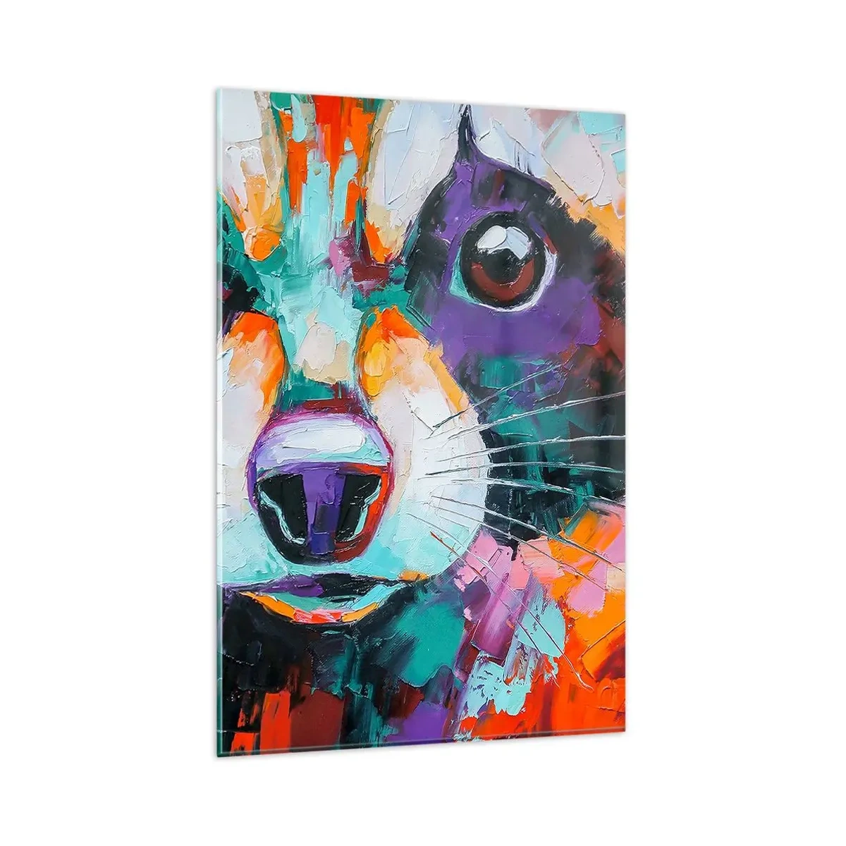 Glasbild - Bild auf glas - Ein farbenfrohes Porträt eines Waschbären im Stil der expressiven Malerei. - 80x120cm - Nur gute Emotionen - Moderne Wanddekoration für Wohnzimmer und Schlafzimmer ARTTOR