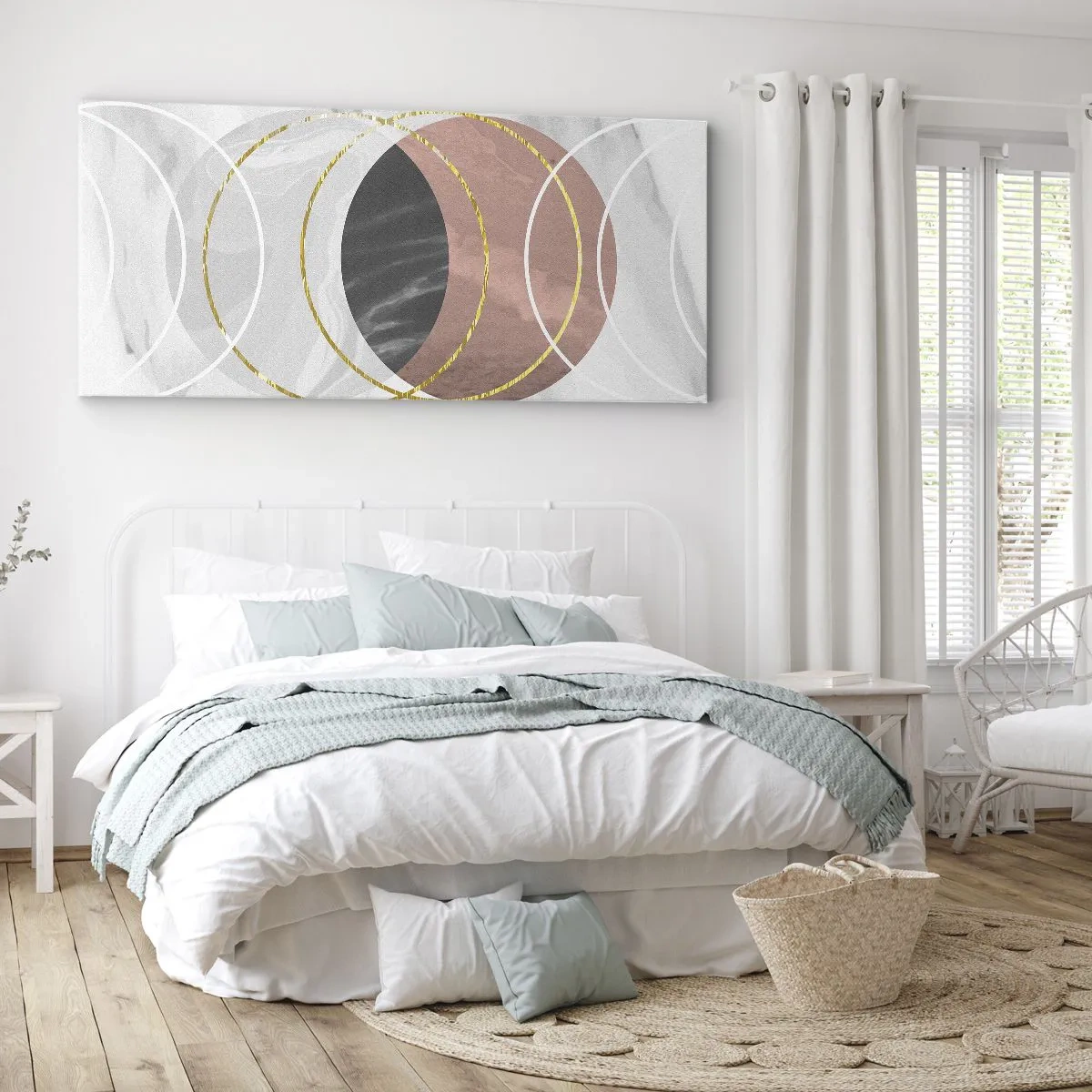 Bild auf Leinwand - Leinwandbild - Abstrakte geometrische Komposition mit Kreisen und metallischen Details - 140x50cm - Musik der Sphären - Moderne Wanddekoration für Wohnzimmer und Schlafzimmer ARTTOR