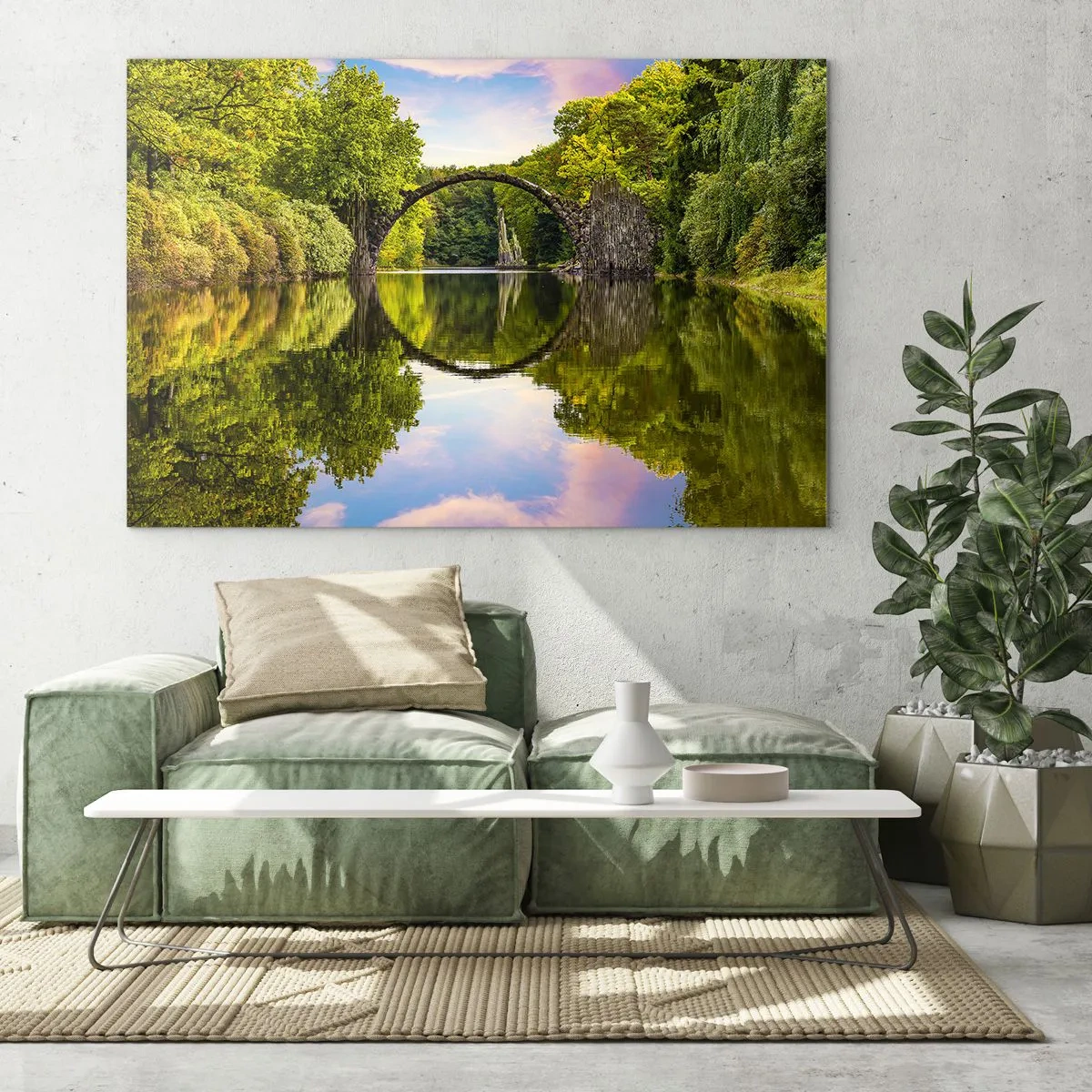 Glasbild - Bild auf glas - Eine Steinbrücke spiegelt sich in der ruhigen Oberfläche des Sees - 100x70cm - An der Kreuzung zweier Welten - Moderne Wanddekoration für Wohnzimmer und Schlafzimmer ARTTOR