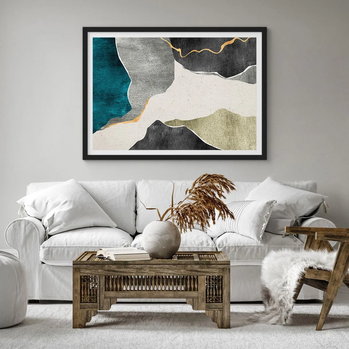 Poster in einem schwarzem Rahmen - Geometrische Formen in Grau-, Grün- und Goldtönen - 70x50cm - Mosaikkomposition mit Goldfaden - Moderne Wanddekoration für Wohnzimmer und Schlafzimmer ARTTOR