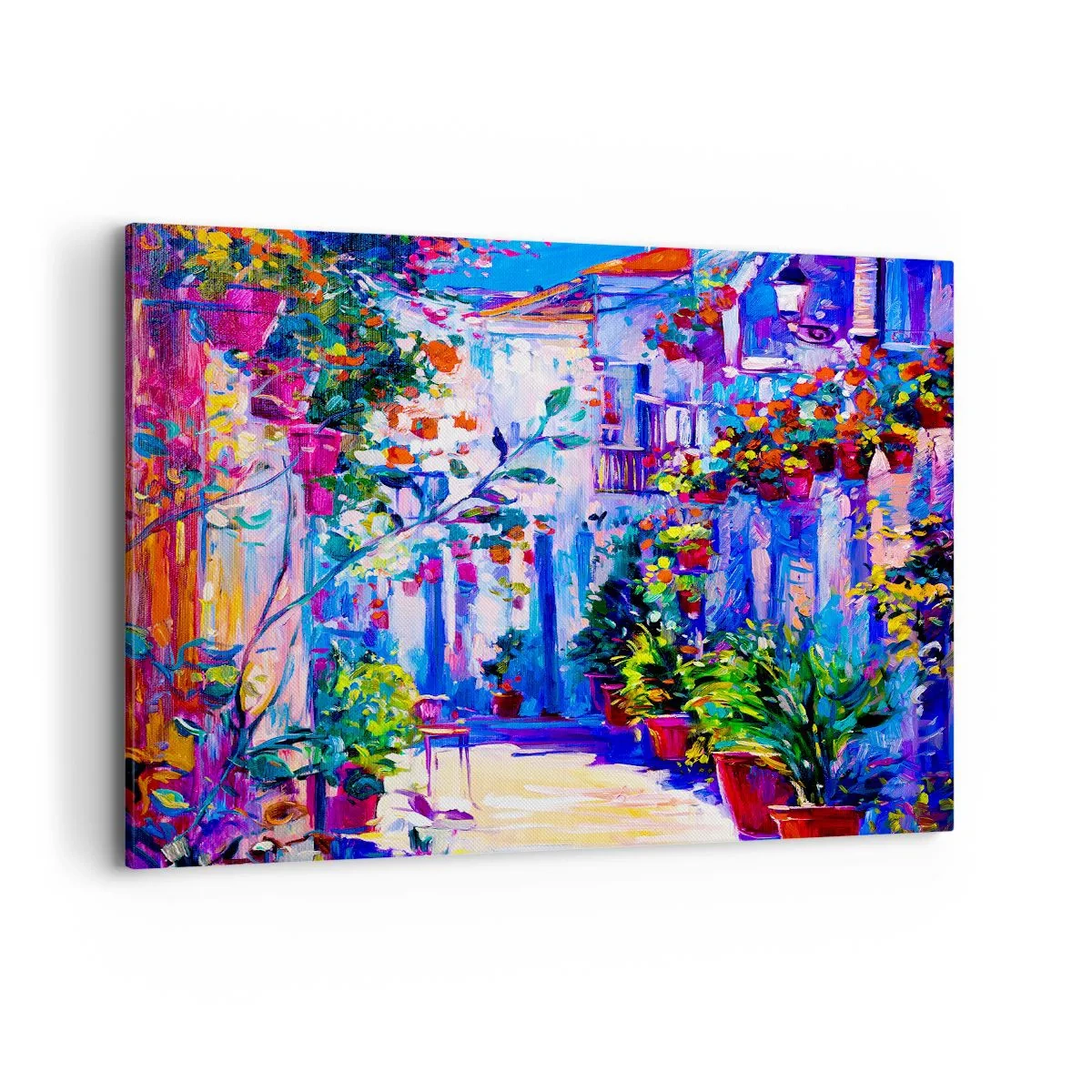 Bild auf Leinwand - Leinwandbild - Eine bunte Straße voller Blumen - 120x80cm - Impresja - eine italienische Straße - Moderne Wanddekoration für Wohnzimmer und Schlafzimmer ARTTOR
