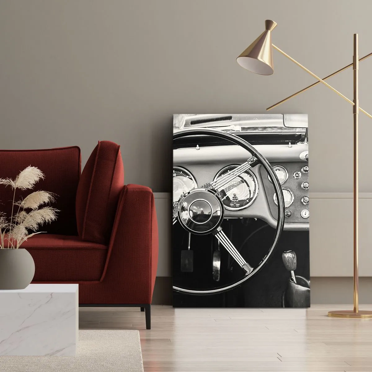 Bild auf Leinwand - Leinwandbild - Schwarz-weißes Oldtimer-Interieur - 80x120cm - Ein Sammlertraum - Moderne Wanddekoration für Wohnzimmer und Schlafzimmer ARTTOR