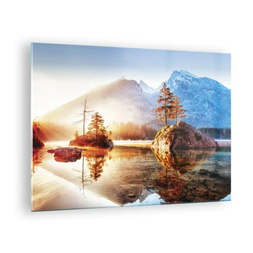 Glasbild - Bild auf glas - Berglandschaft am Morgen mit Bäumen und Spiegelbild im See - 70x50cm - Natur in neuem Licht - Moderne Wanddekoration für Wohnzimmer und Schlafzimmer ARTTOR