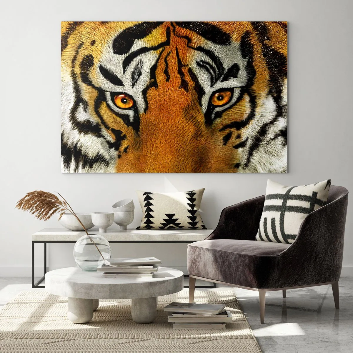 Glasbild - Bild auf glas - Nahaufnahme des intensiven Blicks des Tigers - 100x70cm - Schrecklich und schön - Moderne Wanddekoration für Wohnzimmer und Schlafzimmer ARTTOR