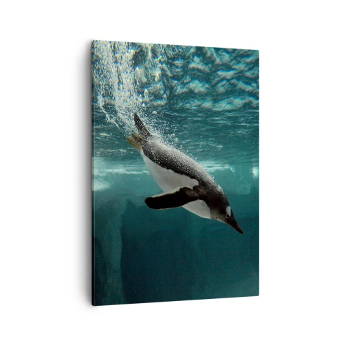 Bild auf Leinwand - Leinwandbild - Ein Pinguin taucht in die Tiefen des eisigen Wassers - 50x70cm - Willkommen in meiner Welt - Moderne Wanddekoration für Wohnzimmer und Schlafzimmer ARTTOR