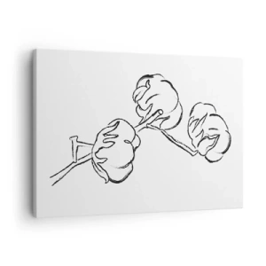 Bild auf Leinwand - Leinwandbild - Ein zarter Umriss eines Baumwollzweigs auf weißem Hintergrund - 70x50cm - Baumwolldaunen - Moderne Wanddekoration für Wohnzimmer und Schlafzimmer ARTTOR