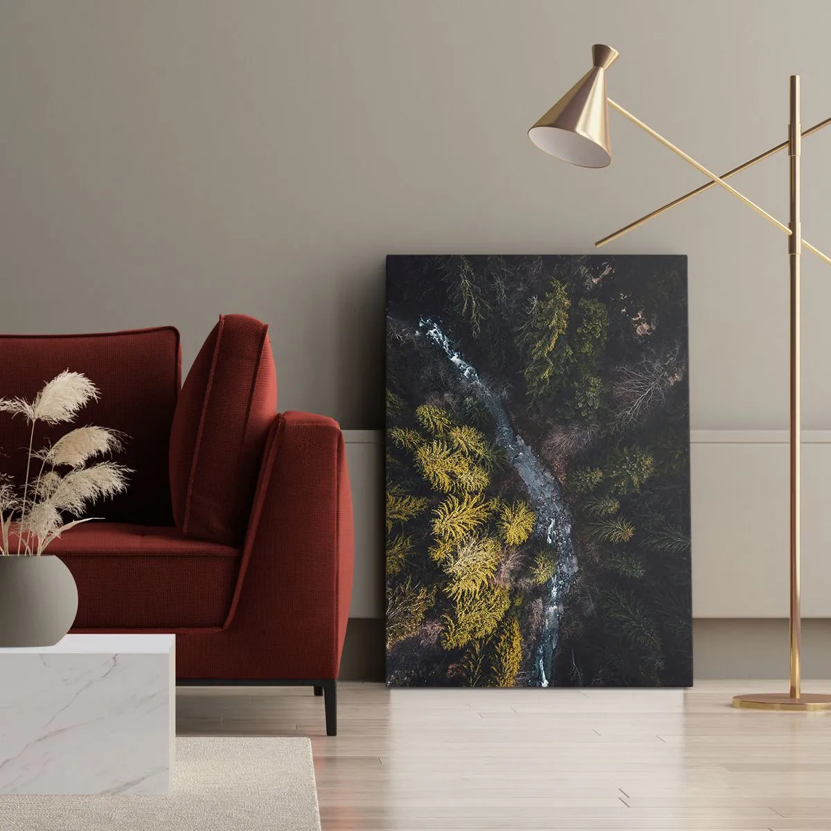 Bild auf Leinwand - Leinwandbild - Ein Blick von oben auf einen Wald mit einem gewundenen Fluss - 50x70cm - Schnell und immer schneller - Moderne Wanddekoration für Wohnzimmer und Schlafzimmer ARTTOR