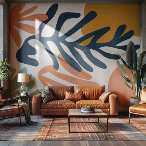 Fototapete Premium Sand - Moderne Pflanzenformen in Pastellfarben - 100x70cm - Korallenmeere - Moderne Wanddekoration für Wohnzimmer und Schlafzimmer ARTTOR