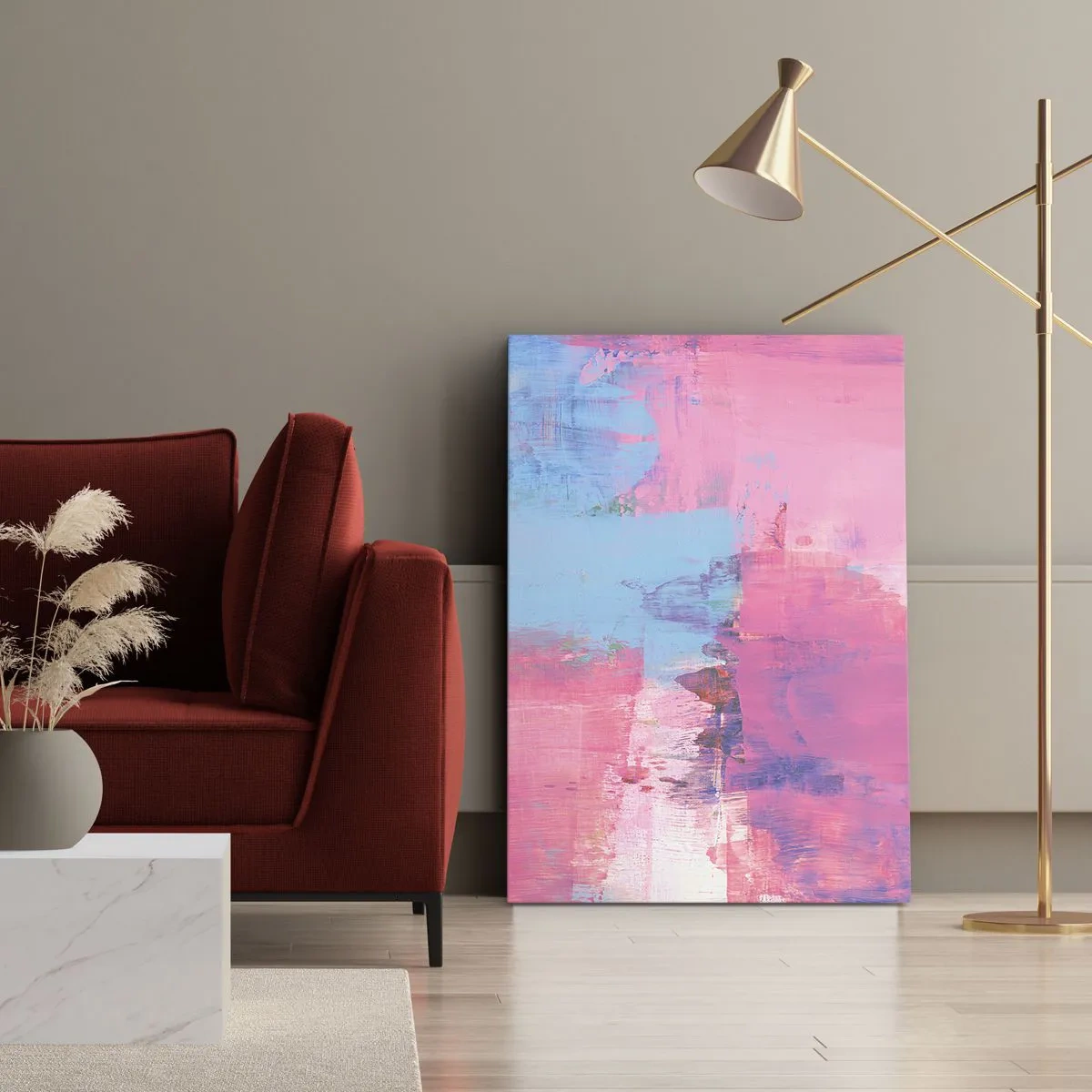 Bild auf Leinwand - Leinwandbild - Abstrakte Komposition in Pink und Blau - 70x100cm - Rosa, Blau und eine Prise Licht - Moderne Wanddekoration für Wohnzimmer und Schlafzimmer ARTTOR