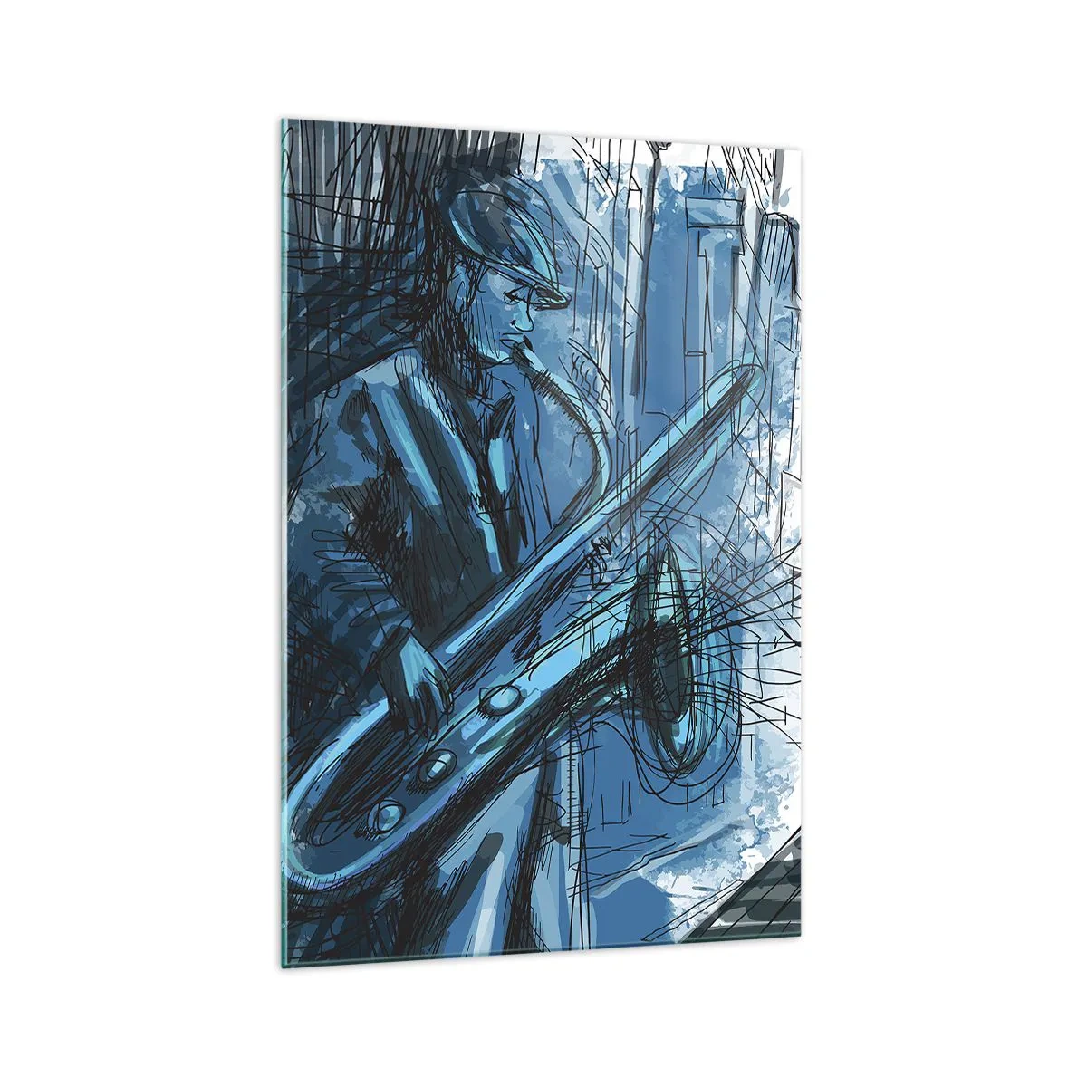 Glasbild - Bild auf glas - Eine Saxophon spielende Figur vor dem Hintergrund einer Stadt - 70x100cm - Urbane Rhapsodie - Moderne Wanddekoration für Wohnzimmer und Schlafzimmer ARTTOR