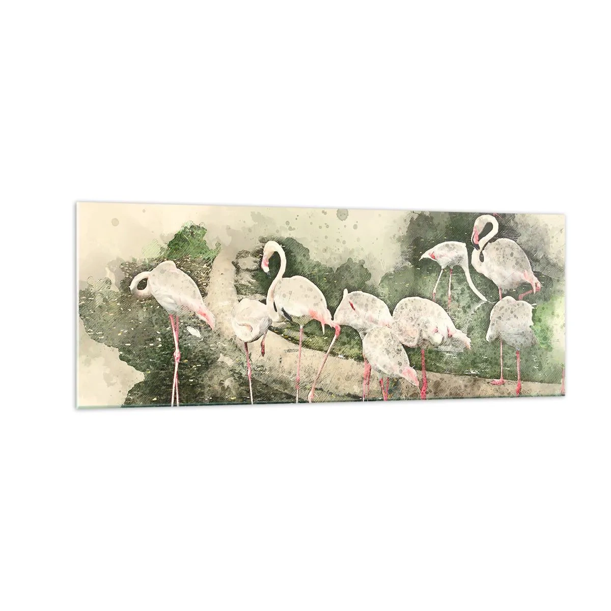 Glasbild - Bild auf glas - Flamingos in ihrer natürlichen Umgebung im Aquarellstil - 140x50cm - Exotischer Traum - Moderne Wanddekoration für Wohnzimmer und Schlafzimmer ARTTOR